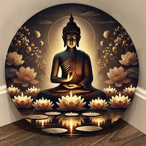 1pc 20.32x20.32cm Peaceful Buddha Meditation Round Metal Sign, Glowing Lotus & Candlelight Design, Suitable For Indoor & Outdoor Decor In Living Room, Bar, Cafe Religious Ornaments