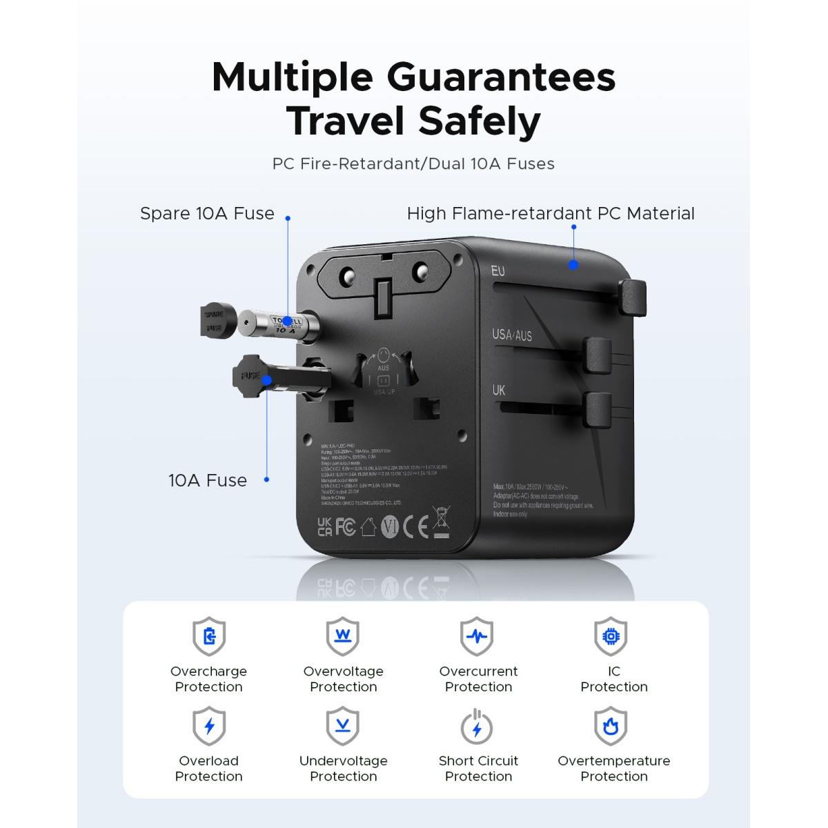 ORICO Universal Travel Adapter, USB C Fast Charging Plug Adapter Compatible with USA & Europe (UA AC) -UA