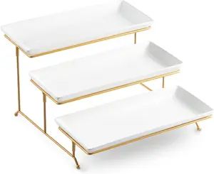 3 Tier Serving Stand and Platters Set Large Tiered Serving Platters with Collapsible Sturdier Rack 14 Inches Tiered Serving Tray for Appetizer Fruit, Dessert and Cupcake, White