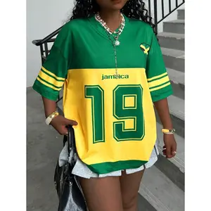 Women's V-Neck Splice Sleeve Short Sleeve Digital Print T-Shirt, Jamaica Jersey, Numbered Jersey T-Shirt, Sports T-Shirt holiday event Casual Sporty Top Casual Sportswear Athleisure Breathable Clothes Athleisure Style