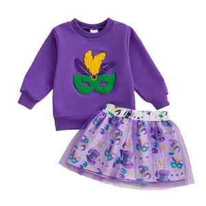 Kids Toddler Girl Mardi Gras Outfit Crewneck Sweatshirt Tutu Skirts Set 2 Piece Cute Little Girl Clothes