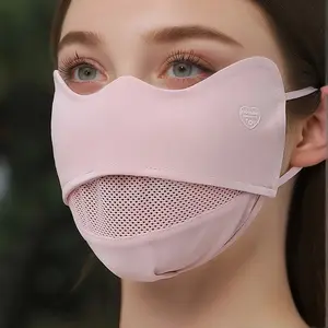 Female 2-Piece Polyester & Cotton Knit Hat Set with Adjustable Fit, Face-Hugging Open-Mouth Mid-Mesh Ice Silk Mask, Eye Cutout Protection Corners, Full UV Block & Ski Bride Crown Sash Bandana