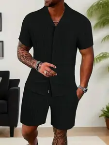 Men's Solid Short Sleeve Top & Shorts Set, Regular Fit Casual Top & Shorts, Men's Summer Clothes, Menswear, Tropical