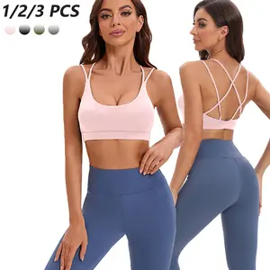 1/2/3 PCS Yoga Sports Workout Bras for Women Seamless Molded Cup Spaghetti Double Strap Bra Wirefree Scoop Neck Tank Top Bras