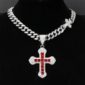 Hip Hop Cross Necklace with Full Diamonds Personalized Multi Color Inlaid Diamond Cuban Link Chain