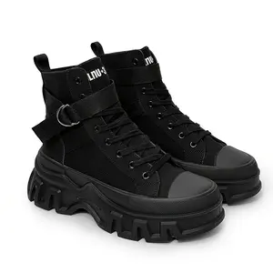 Women's Fashion High-Top Platform Boots, Comfortable Non-Slip Wear-Resistant Rubber Soles with Shoelaces, Retro/Street Style, Black Canvas Boots for Men & Women, All-Season Outdoor & Casual Wear Footwear Girl Flatform Bota