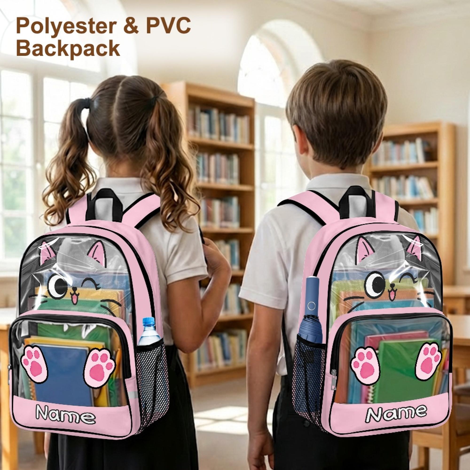 Personalised Cute Cat Backpack Custom Name Pink School Bag for Girls Transparent PVC Rucksack Winking Kitten Print Kids Clear Bookbag Large Capacity Waterproof PE Kit Bag Back to School Gift for Daughter Nursery Essentials Lightweight Daypack Personalised Cute Cat Backpack Custom Name Pink School Bag for Girls Transparent PVC Rucksack Winking Kitten Print Kids Clear Bookbag Large Capacity Waterproof PE Kit Bag Back to School Gift for Daughter Nursery Essentials Lightweight Daypack