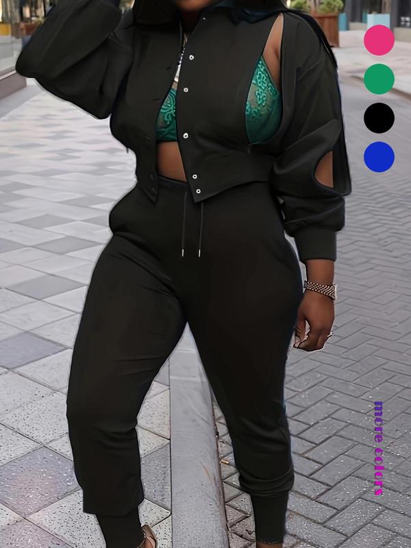 Women's Solid Cut Out Button Front Crop Top & Drawstring Pants Set, Chic Fashion Casual Drop Shoulder Long Sleeve Jacket & High Waist Trousers, Matching Sets, Women's Clothing for Spring & Fall, Going Out 2 Piece Set, Womenswear