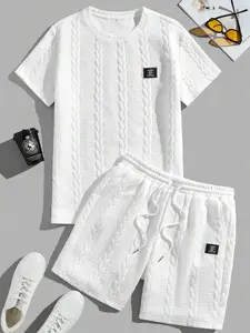 Men's Solid Textured Patched Tee & Drawstring Waist Shorts Set, Regular Fit Round Neck Short Sleeve T-Shirt & Pocket Shorts, Men's Summer Casual Outfit Set