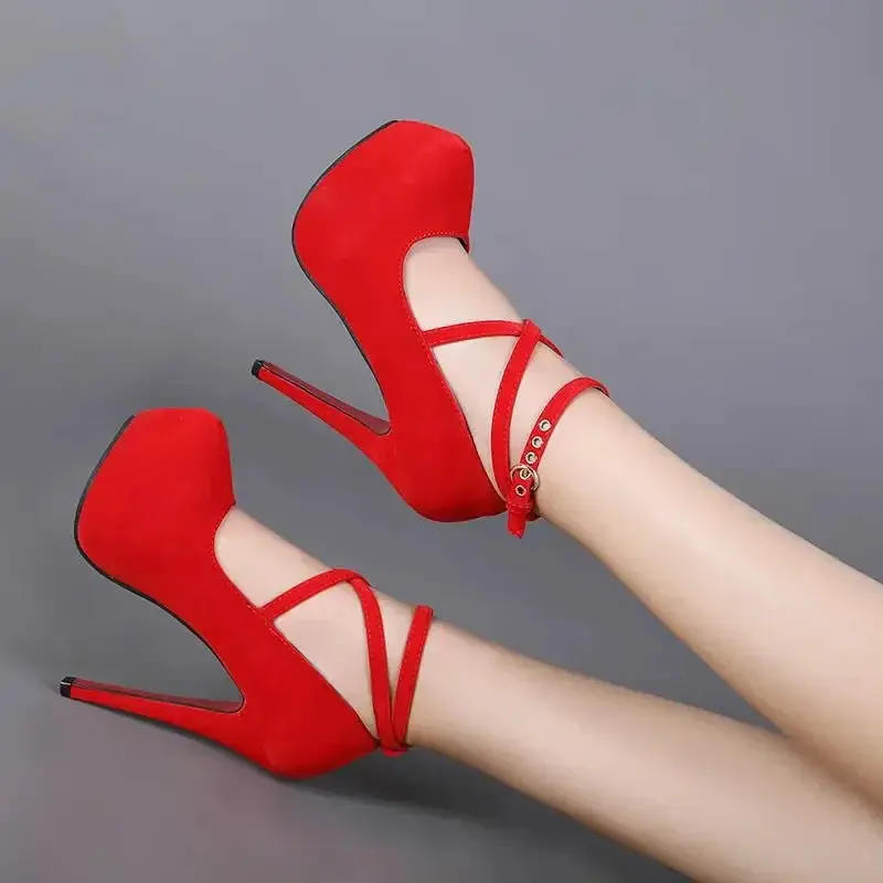 Women's Classy Pointed Toe Synthetic Platform High Heels - Handcrafted Perfection, Adjustable Ankle Buckle Strap, Lightweight Slip-Resistant Rubber Sole, Elegant Flocked Semi-Formal Summer Footwear