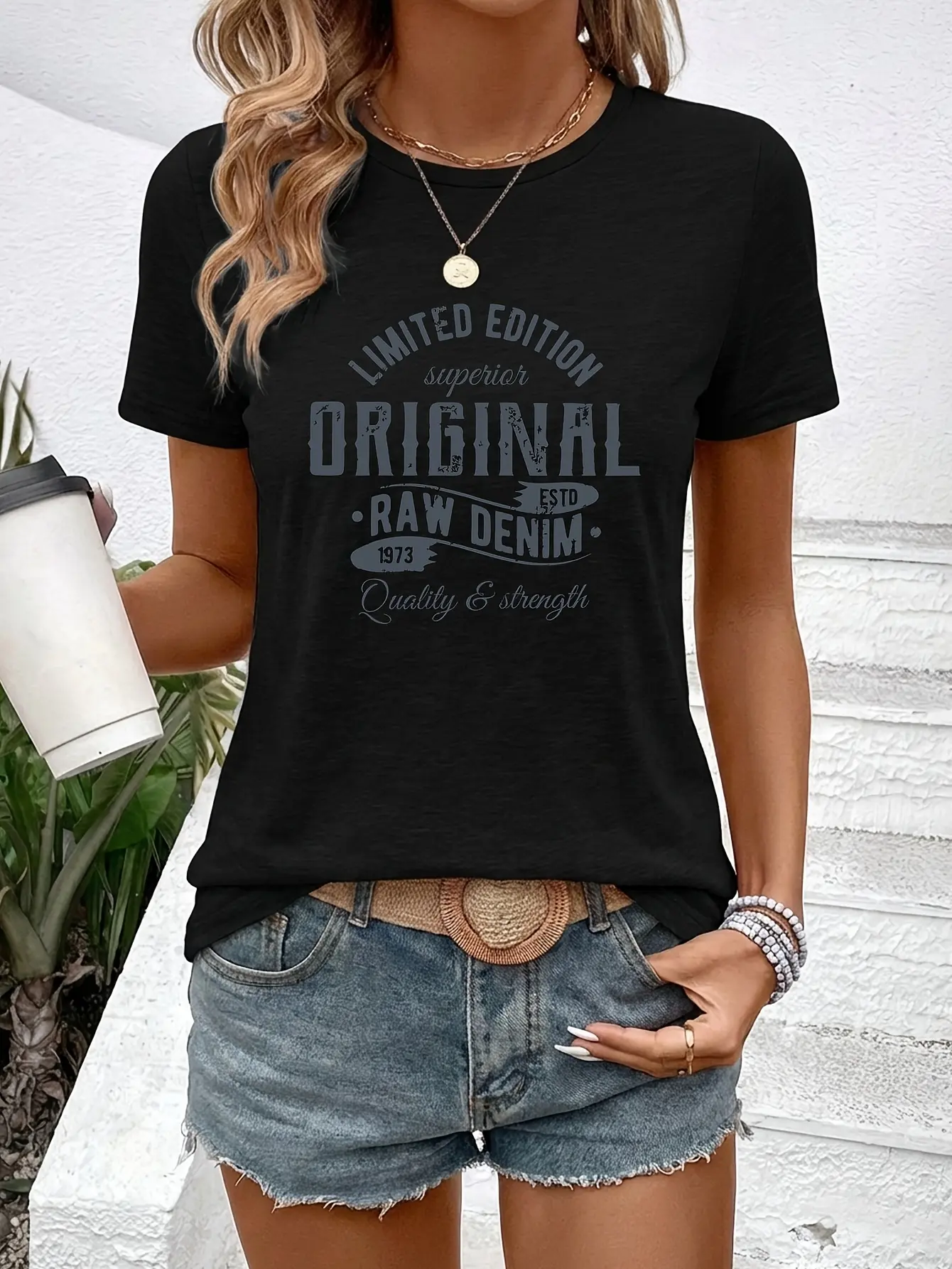 Limited Edition Original Raw Denim ESTD 1973 Vintage Distressed Graphic T-Shirt, Retro Letter Print Casual Short Sleeve Top, Classic Western Vintage Style Everyday Tee For Women, Quality & Strength Vintage Inspired Outfit Shirt