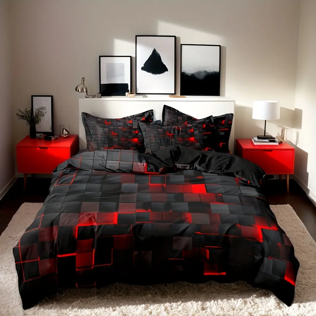 3pcs Polyester 3D Energy Block Geometric Cube Design Black + Blue Grid Print Duvet Cover Set, Suitable for Bedroom, Guest Room. Soft and Comfortable Duvet Cover, Modern Digital Print Home Decor, Gift for Family and Friends (1* Duvet Cover + 2* Pillowcases