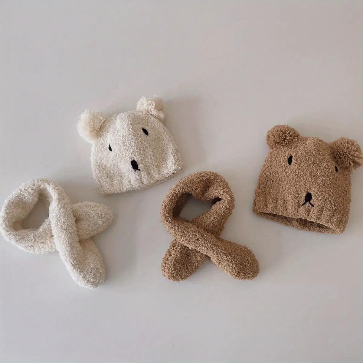 2pcs Winter Hat & Scarf Set for Toddlers - Soft Stretchy Knit Beanie with Bear Ears, Lightweight Warm Winter Accessories, Mixed Colors, Hand Wash Only, Christmas Gift for Boys & Girls, Toddler Winter Wear, Playful Toddler Accessory, Cozy Toddler