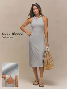 GLOWMODE Modal Ribbed Sunset Hour Soft Stretchy Breathable Open Back Maxi Dress With Removable Cups Summer Dress Daily Casual Wear