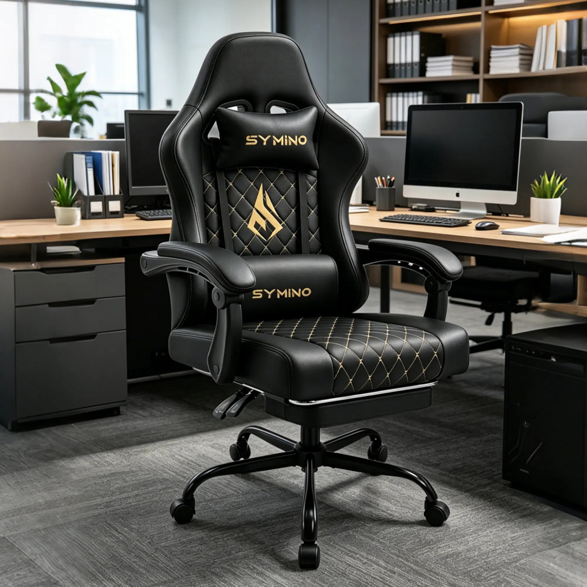 Symino Ergonomic Gaming Recliner - PU Leather, Metal Frame, Rust-Resist Build, Stable Metal Legs, Reclining Computer Chair, Adjustable Swivel Footrest, Rolling Wheels, Wipes Clean Fast, Stress Relief, Swivel Base for Gaming & Office Use, Video Game Chairs