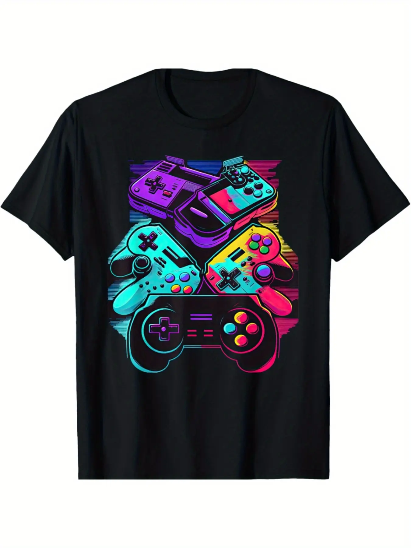 Men's Knit Stretch Streetwear Gamer Joystick Control Video Game T-Shirt - Round Neck, Long Sleeve, Loose Fit, Cotton-Polyester Fabric, Classic Hem, Casual Top