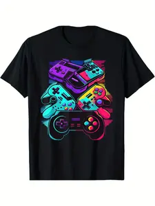 Men's Gamer Control Video Game Joystick T-Shirt, Long-Length, Loose Fit, Cotton Fabric, Classic Hem