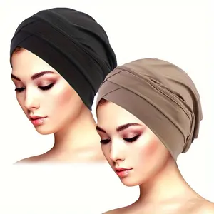 2pcs Stretchy Double Turban Caps - Polyester, Perfect for Chemotherapy & Personal Care-byg