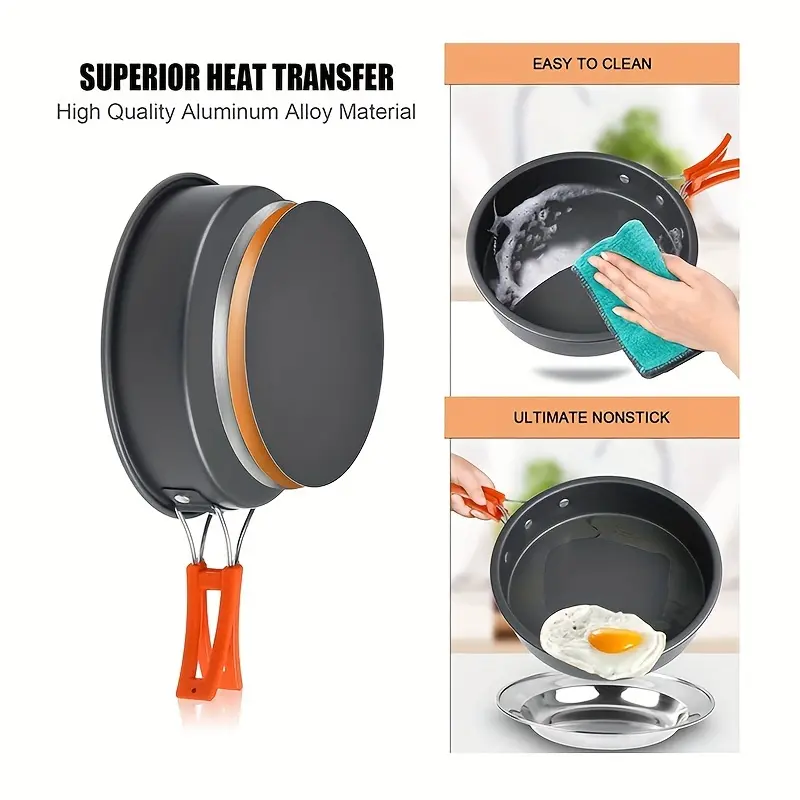 Kettle set pot 2-3 people camping pot and pan outdoor camping cookware portable combination pot set camping tableware, easy to carry and occupy little space, cooking pot, frying pan, kettle, two sets of knives and forks, foldable storage