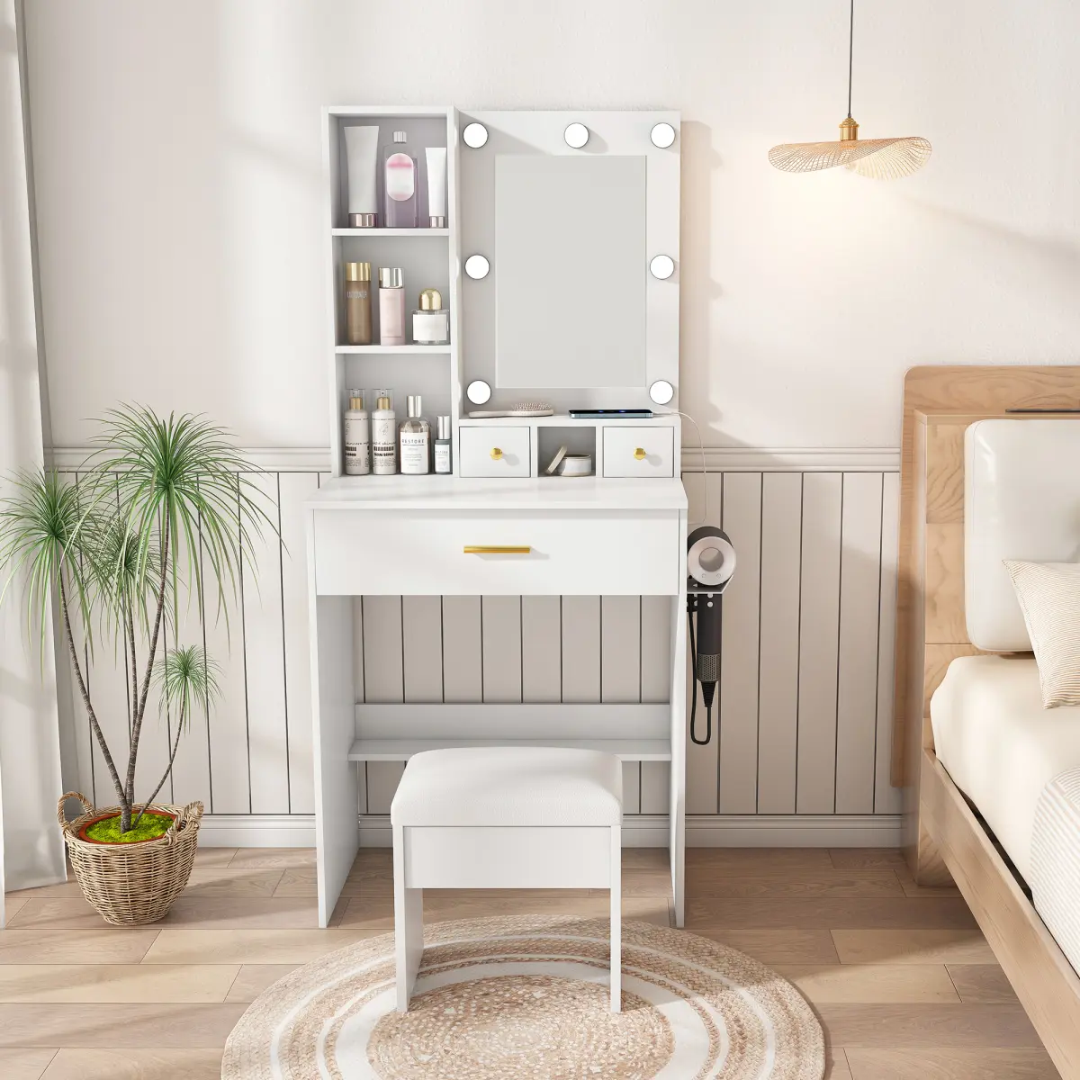 Dufominc Makeup Vanity Desk with Mirror, 3-Color LED Lights, Power Outlet, Hairdryer Holder & Stool - Space-Saving Indoor Furniture for Bedroom