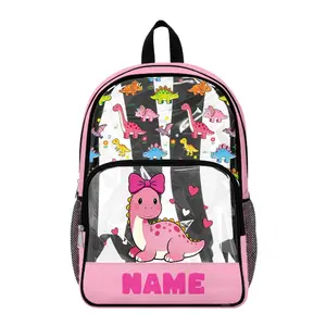 Personalised Pink Cute Dinosaur Clear Backpack for Girls, Transparent PVC School Bag with Custom Name, Lightweight but tough for daily use, Large capacity for books and lunch, Front zipped pocket for small items, Side mesh bottle holder, Easy wipe clean