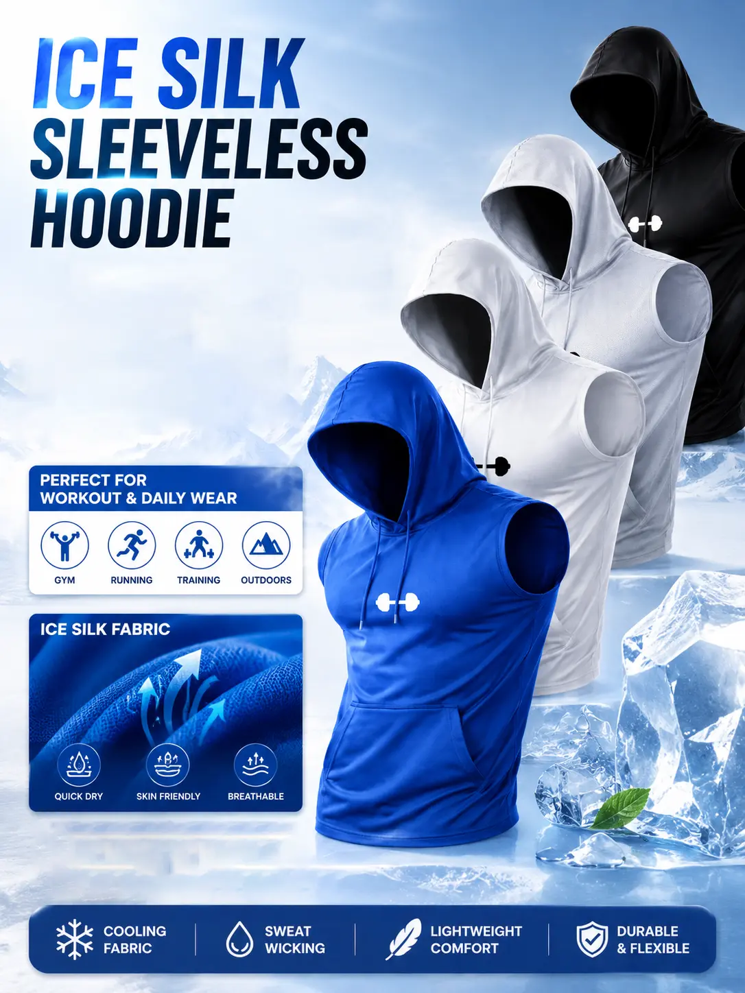 Tank Tops for Men 4 Pack Ice Silk Sleeveless Hoodies, Cooling Breathable Quick Dry Sweat Wicking Soft Comfortable, Loose Fit Kangaroo Pocket Drawstring Hood, Fashion Versatile All Match Athletic Tops for Gym Workout Running Outdoor Daily Wear