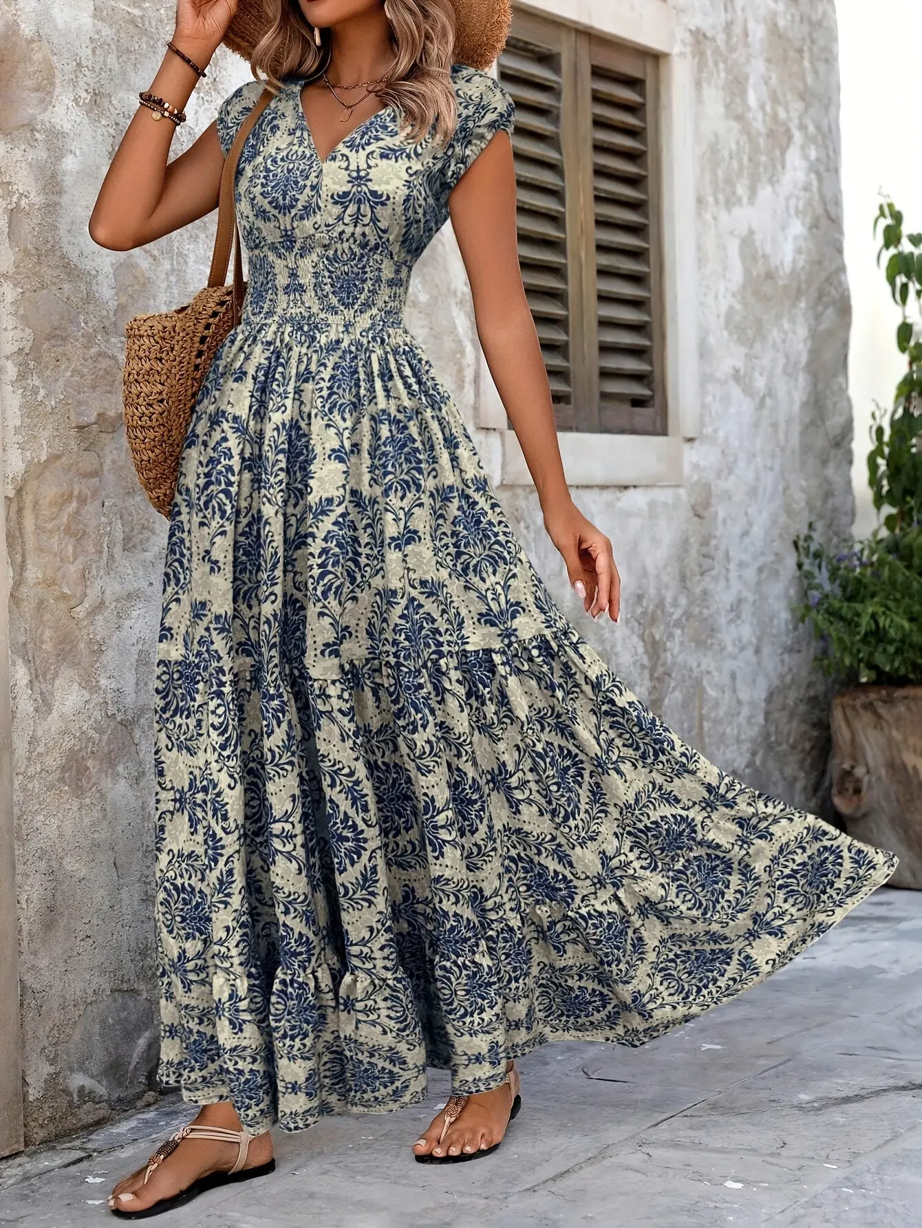 Women'S Floral Print V-Neck Maxi Dress with Short Sleeves - Green  Polyester, Perfect for Spring/Summer Vacations, Casual to Formal Wear,  Casual Formal Dress | Floral Print Dress | Polyester Fabric - TikTok Shop