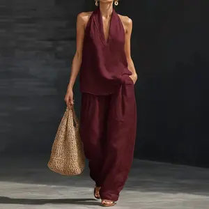 Boho Halter Neck Two Piece Set - Perfect for Beach, Vacation & Brunch! Sleeveless Top Wide Leg Pants Set #TwoPieceSet #HalterNeck #WideLegPants #Sleeveless #SummerOutfit #BohoFashion #OOTD #WomensFashion #CasualSet