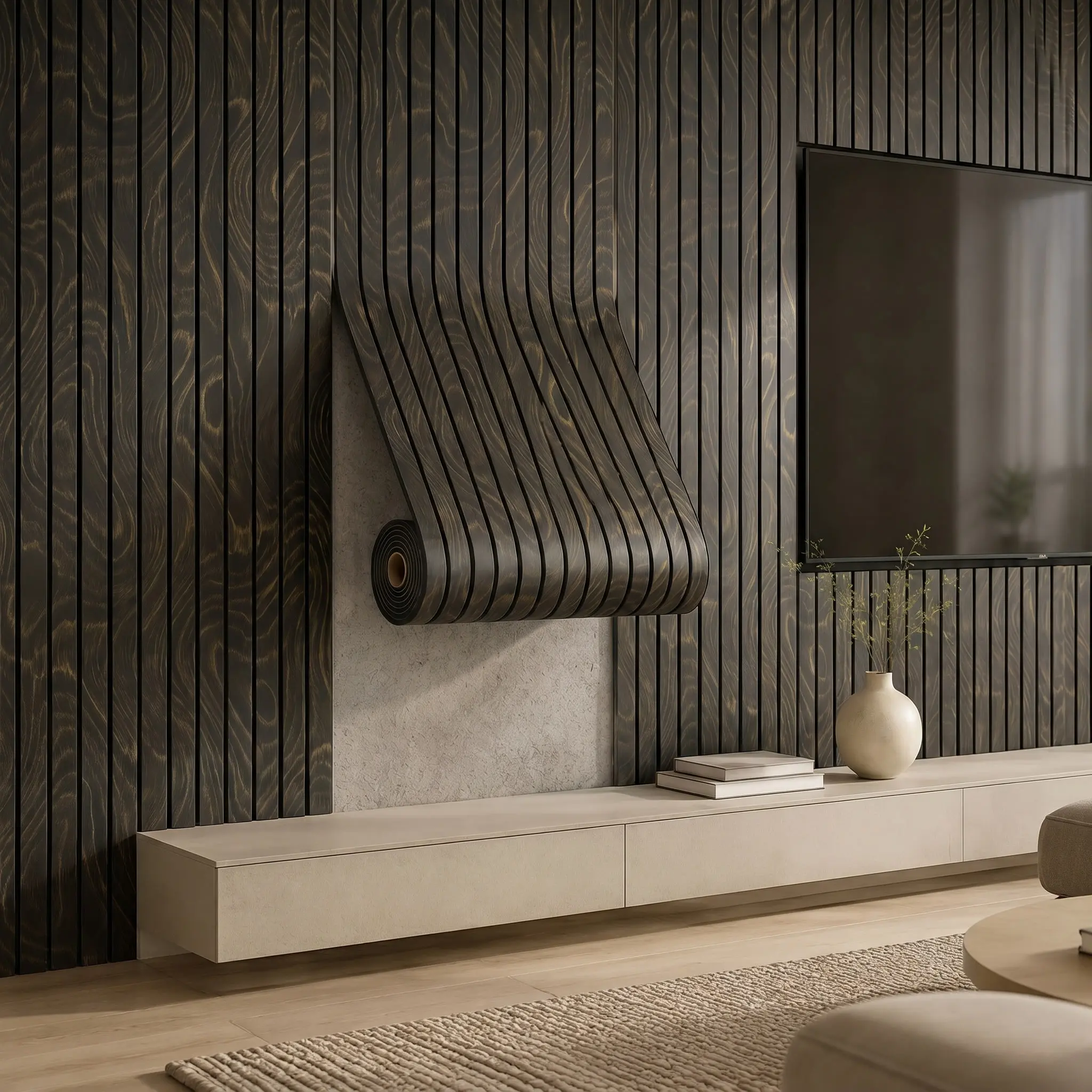 3D wood effect wallpaper, 40cm x 300cm wear resistant and self adhesive. Suitable for feature walls, ceilings, bedrooms and offices. Modern luxury design style, grey wood tone, light grey, 3mm thick, easy to install.