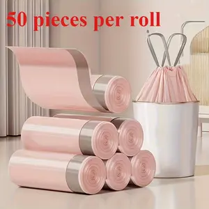 1Rolls/50pcs Extra Thick & Durable Drawstring Trash Bags - Large, Portable Kitchen Waste Bags for Home Use