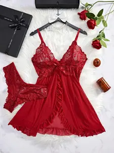 Women's Contrast Lace Ruffle Trim Cami Nightdress & Panty Set, Comfort Fabric Adjustable Spaghetti Strap Backless Sleep Dress & Knicker Set, Lady Sleepwear, Women Underwear, Lingerie for Women, Womenswear, Backless Vneck Nightgown Loungewear Sleeve