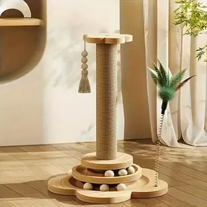 Cat Scratching Post & Climbing Tower – Dual-Sided Scratch Pillar with Round Platforms, Space-Saving Vertical Cat Tree for Indoor Cats, Natural Wood Base, Modern Cat Furniture
