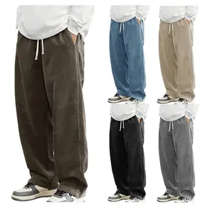Men’S Corduroy Wide-Leg Pants For Young Streetwear Casual Wear Straight And Loose Fit With An Elastic Waistband Featuring A Soft Drawstring-Comfortable Trendy Trousers For Everyday Use