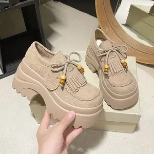 Autumn New Woman Platform High Heel Sneakers Shoes Tassel Half Slippers Mules Fall Shoes Bohemian Casual Outdoor Walk Shoes