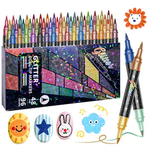 24/48/72/96 Colors Glitter Effect Brush Markers, Dual Tip Dual Color 1 mm Soft Brush Shimmer Marker for Doodling and Writing, Glitter Art Crafts for Adults DIY Crafts, Greeting Birthday Card Making, Art Supplies