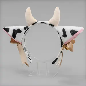 Cartoon Plush Cow Ears Horn Headband with Small Bells Ribbon Bow Anime Lolita Hair Hoop Kawaii Animal Party Cosplay Costume Girl
