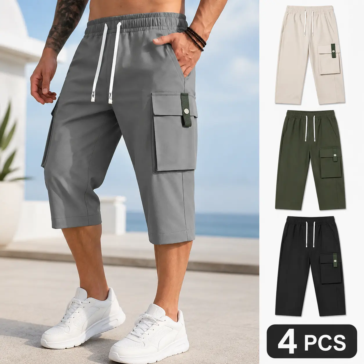 4 PCS Men's 3/4 Length Cargo Capri Pants Set, Lightweight Breathable Summer Casual Pants with Elastic Waist Drawstring, Multi Pockets, Comfortable Loose Fit Sports Gym Outdoor Beach Streetwear Travel Trousers for Men, Black Grey Beige Green