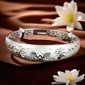 Foot Silvery S999 Bracelet Sterling Silver Bracelet Women'S Push Pull Bracelet Mother'S Style Can Be Freely Adjusted For Mother'S Holiday Gift Silvery Weight 32g/ 1.12oz