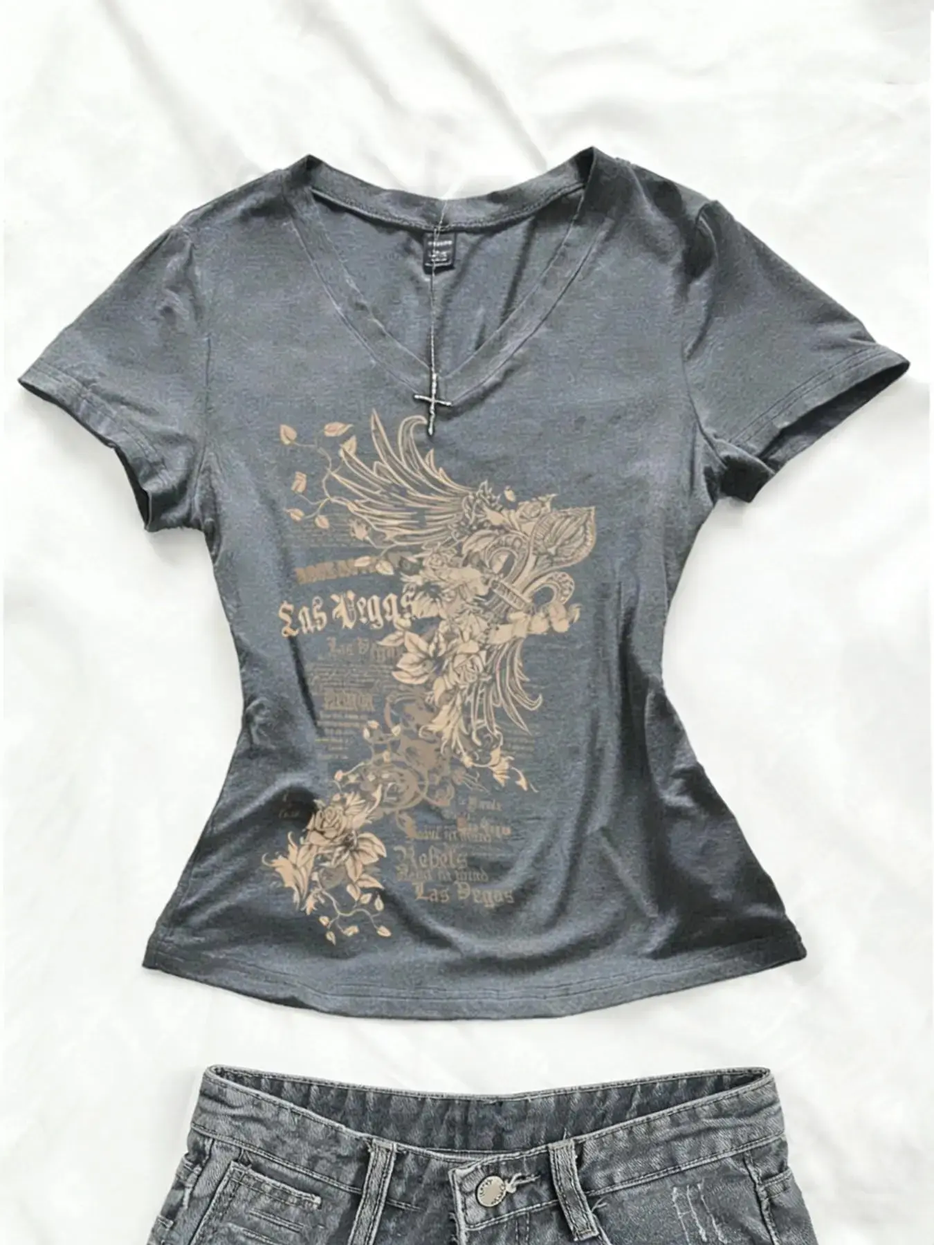 Viral Las Vegas Graphic V-Neck T-Shirt - Soft Stretchy Cotton Slim-Fit Y2K Aesthetic Streetwear Floral Wing Print, Casual Printed Summer Tee Trendy Vintage Edgy Statement Top Fashion For Women Retro