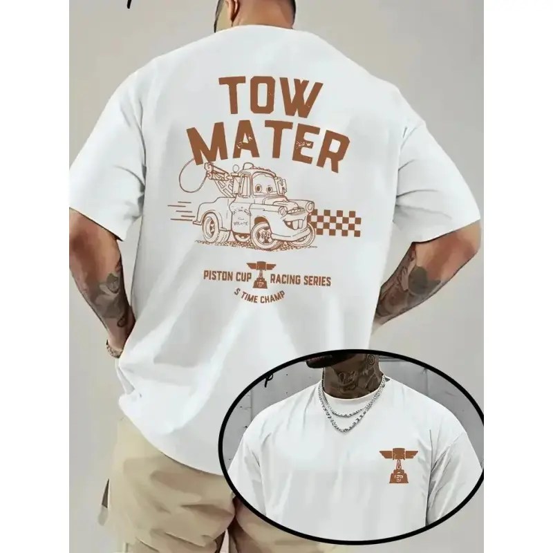 Men'S Mater Racing Graphic T-Shirt - Polyester, Loose Fit, Casual Crew Neck, Short Sleeve, Double-Sided Print, Ideal for Spring & Summer Outdoor Wear, Summer Tee