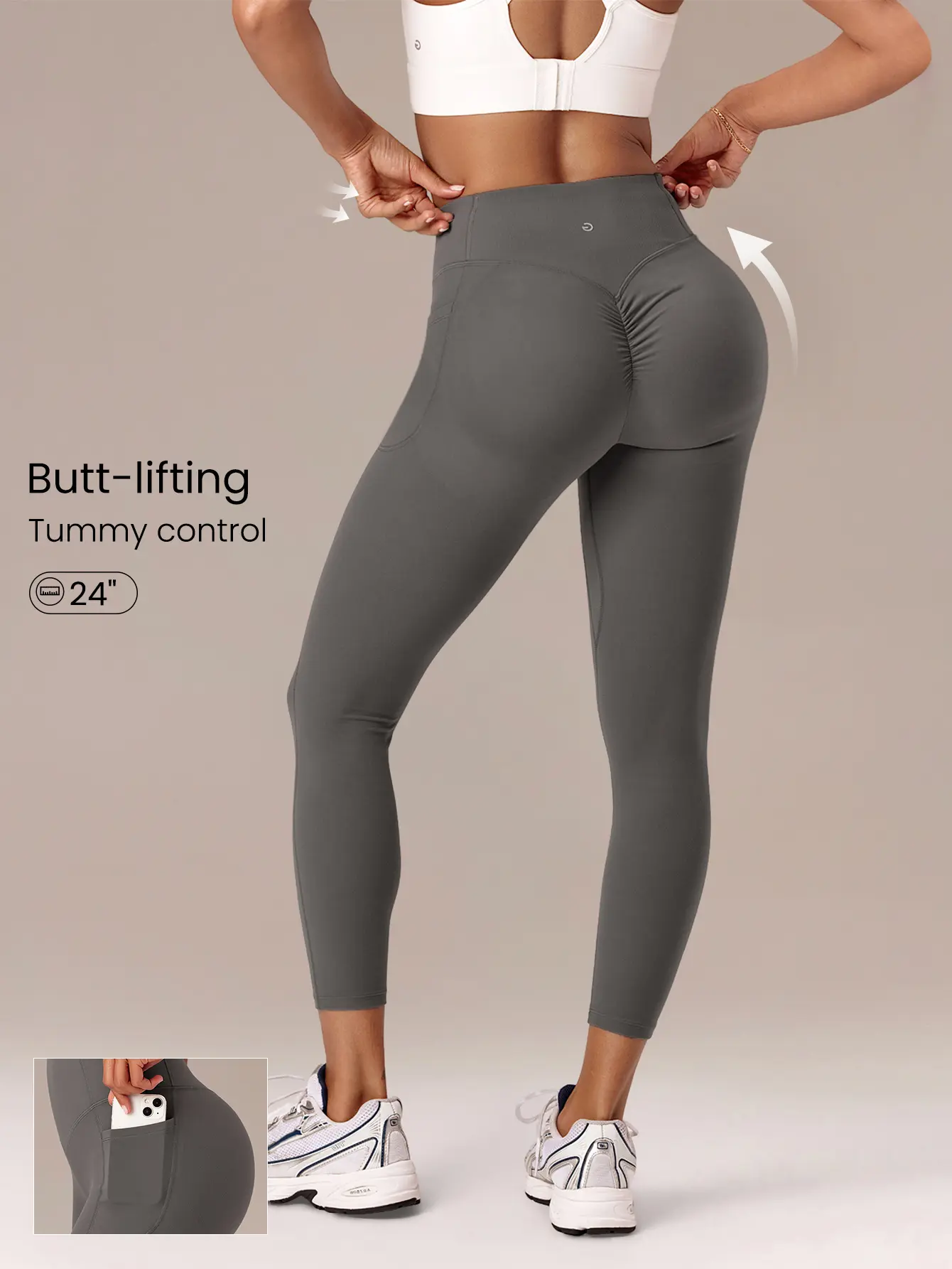 GLOWMODE 24" FeatherFit Sculpt Visible Scrunch Butt lifting Tummy Control Leggings With Side Pockets Medium Impact Training Running Workout Gym Fitness Wear
