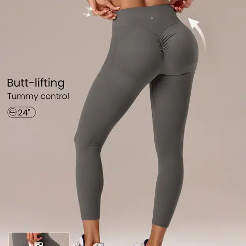 GLOWMODE 24" FeatherFit Sculpt Visible Scrunch Butt lifting Tummy Control Leggings With Side Pockets Medium Impact Training Running Workout Gym Fitness Wear