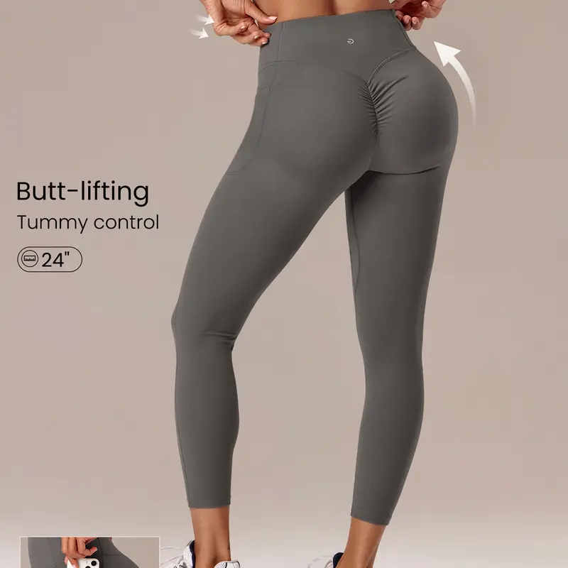 GLOWMODE 24" FeatherFit Sculpt Visible Scrunch Butt lifting Tummy Control Leggings With Side Pockets Medium Impact Training Running Workout Gym Fitness Wear