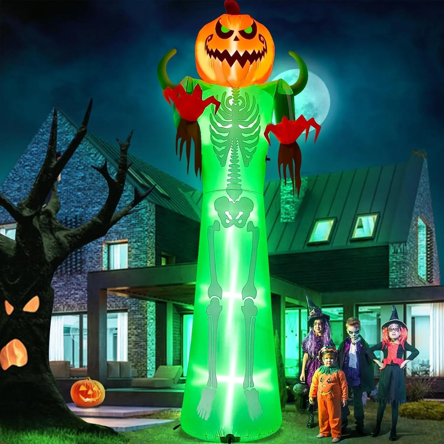 12FT Halloween Inflatable with LED Light, Giant Pumpkin Halloween Outdoor Decoration Scary Pumpkin Skeleton Blow up Inflatable for Home Family Party Halloween Holiday Yard Lawn Indoor Decor