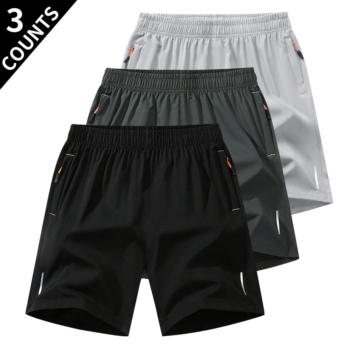 [New Arrival]Everyday Essentials Casual 3pcs Men's Summer Sports Shorts Breathable Quick Dry Fabric, Drawstring Waist with Zipper Pockets, Lightweight & Comfortable for Running, Hiking, Black, Navy Blue, Dark Gray Perfect Gift for Active Men