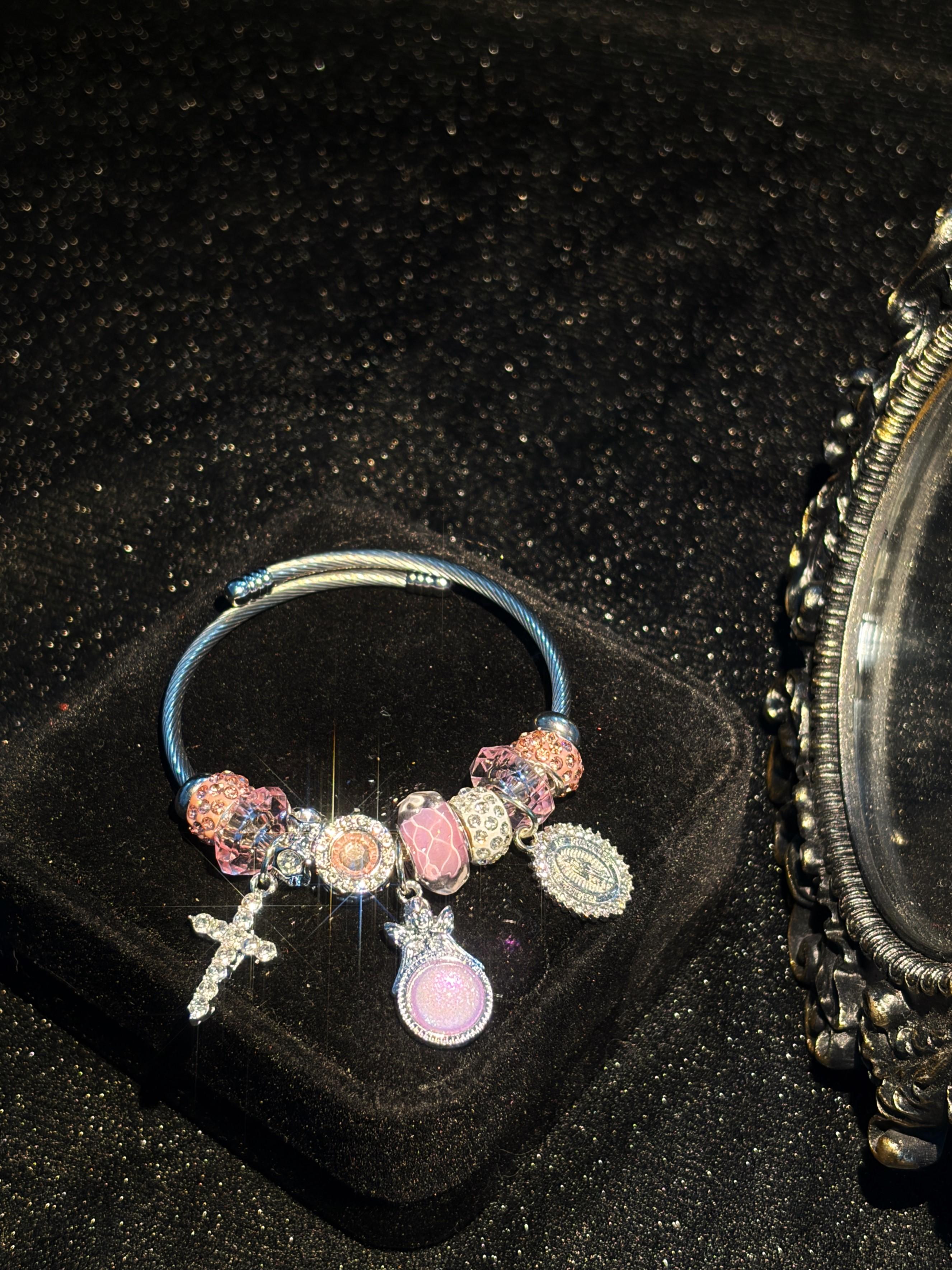 Women's Silver-Tone Religious Wire Cuff Bangle - Cross, Virgin Mary Charm, Pink Murano Glass Beads, Rhinestone Crystal Fashion Statement Bracelet Women's Silver-Tone Religious Wire Cuff Bangle - Cross, Virgin Mary Charm, Pink Murano Glass Beads, Rhinestone Crystal Fashion Statement Bracelet