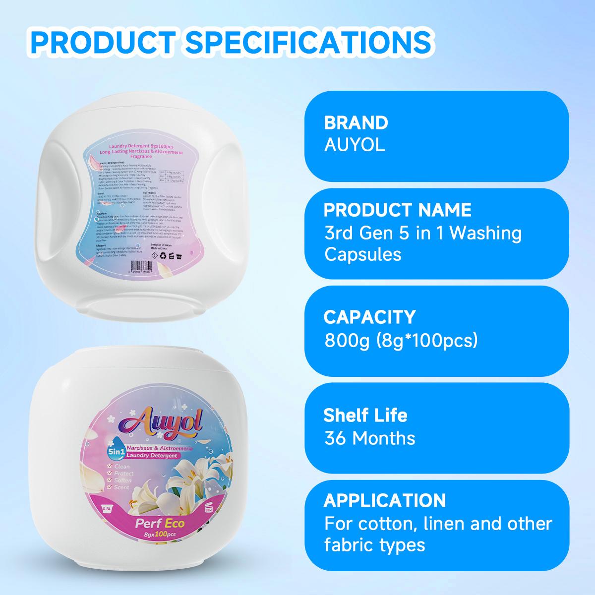 Auyol 3rd Generation Laundry Detergent Pods 5 in 1 Ultra Concentrated Non-Bio Color Protection Long-Lasting Freshness 200/100 pcs Ideal for Home and Travel A