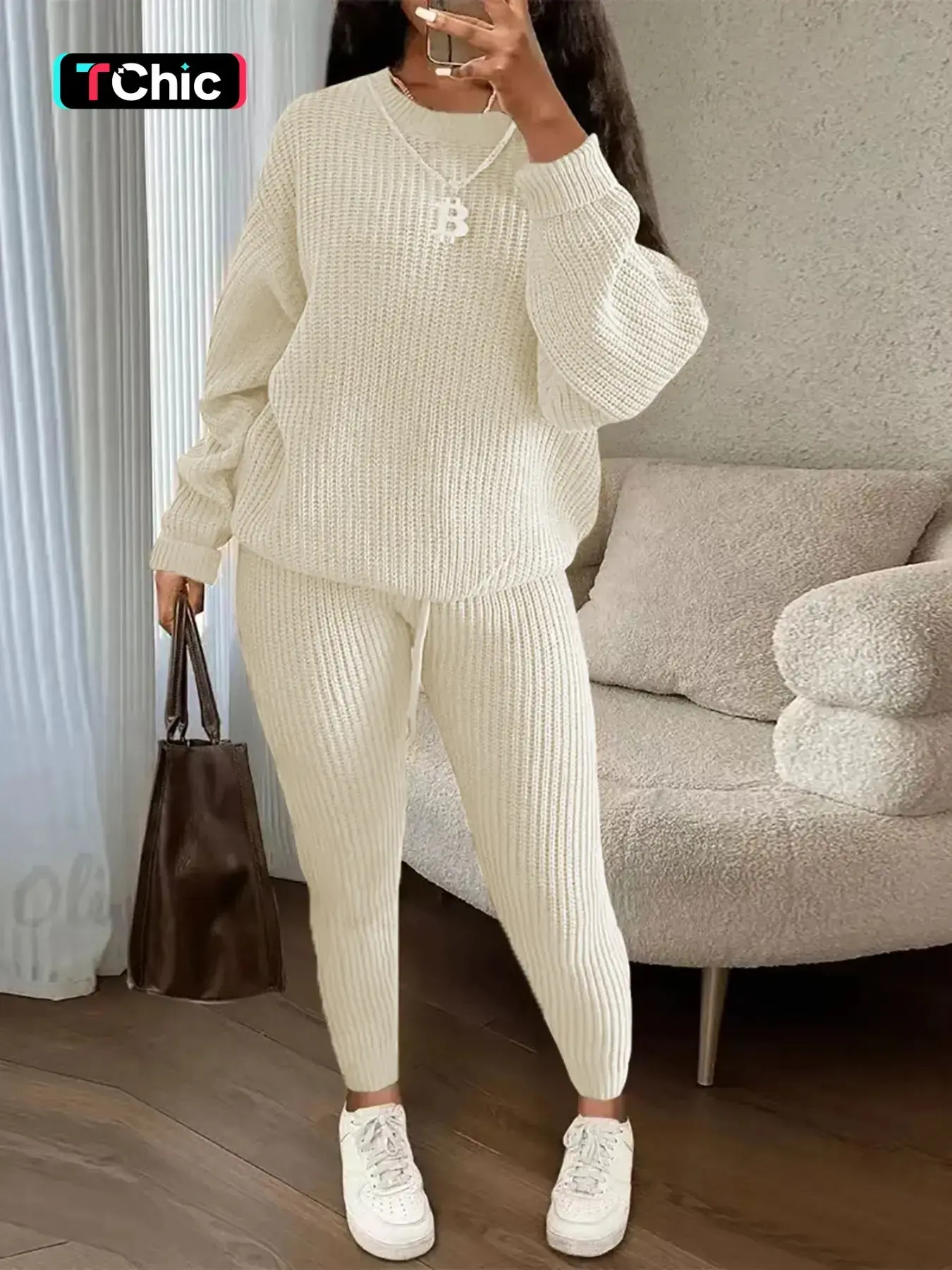 Women's Solid Drop Shoulder Long Sleeve Sweater & Drawstring Waist Pants Two-Piece Set, Casual Fashion Cozy Knitwear Set for Daily Outdoor Wear, Women's Knitwear for Fall & Winter, Womenswear