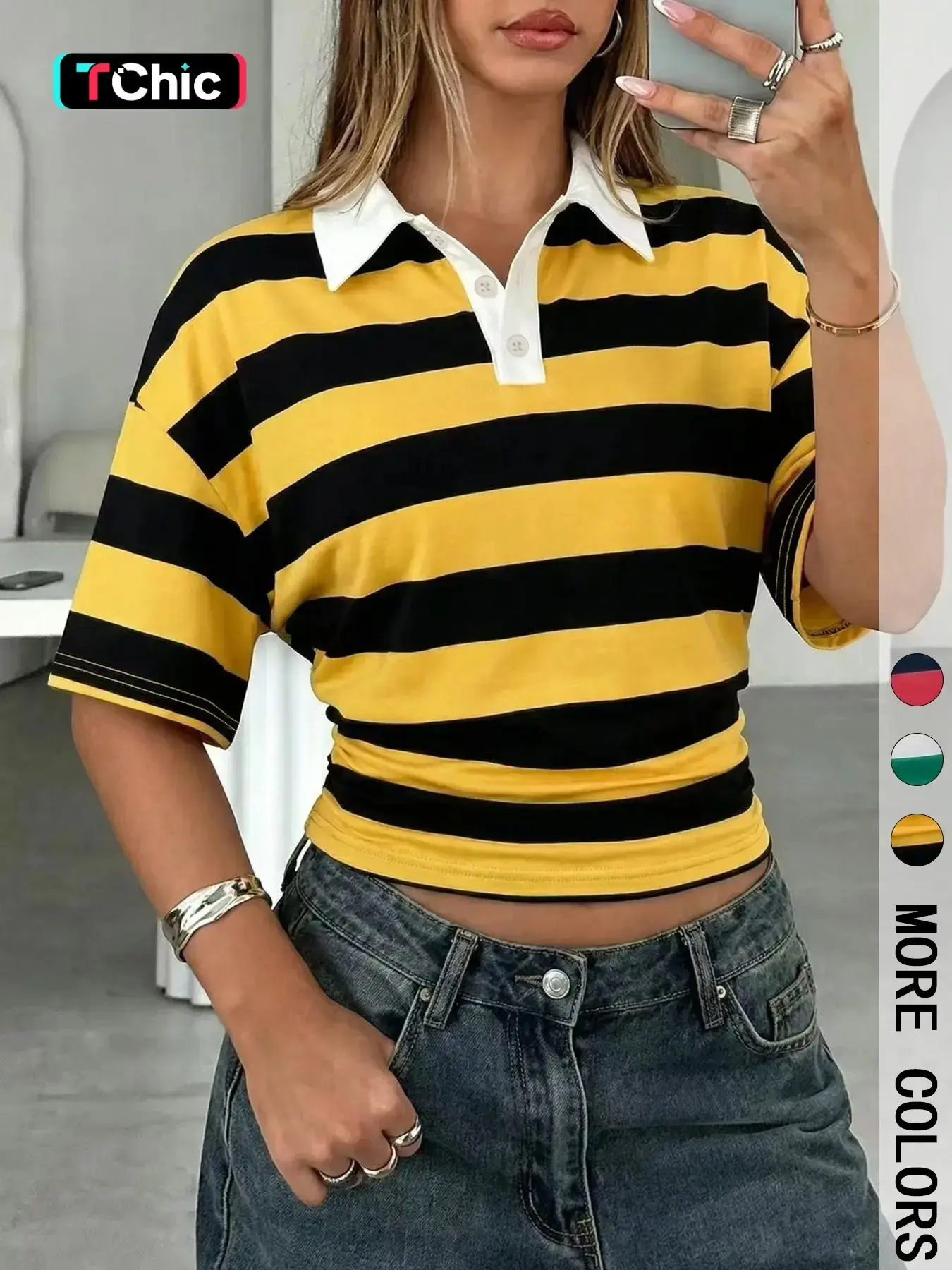 1 Striped Cropped Buttoned Polo Shirt| Short Sleeve Slim Waist Top for Women| Vintage 90s Streetwear Chic Casual| Y2K Preppy Baddie Daily Outfit
