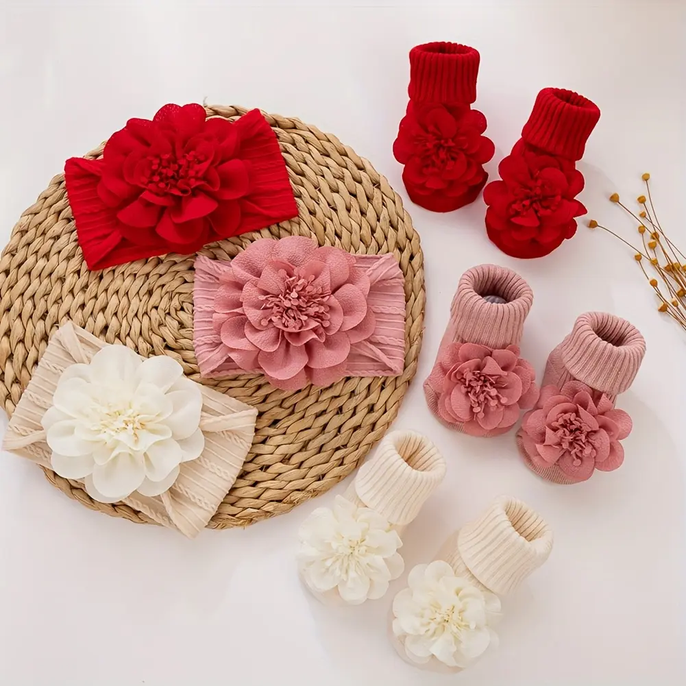 2 Pieces/Set Lace Large Flower Baby Headband Socks Long Ankle Socks 0.0-39.37 Feet Long Tube Socks Wide Elastic Hairband Baby Photography Props